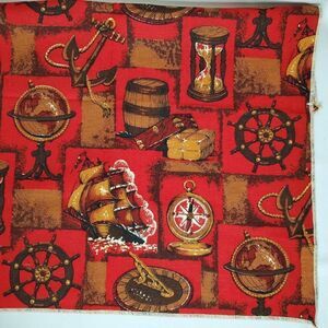 Vintage Colonial Nautical Tall Ship Upholstery Fabric Anchor Wheel Compass Red